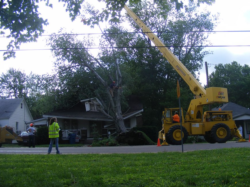 Help arrives for house with tree squashing it after storms in Boonville Indiana